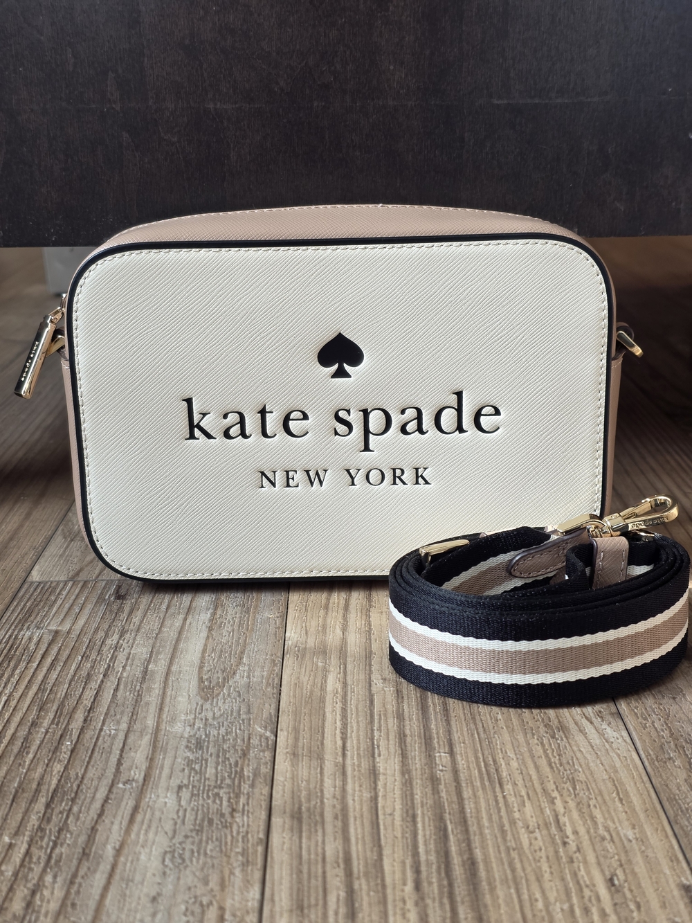 kate spade cream and blush camera crossbody with striped strap